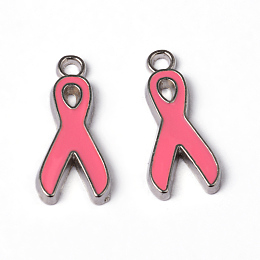 Honeyhandy Breast Cancer Pink Awareness Ribbon Alloy Enamel Pendants, Lead Free and Cadmium Free, Platinum Metal Color, 19x8x1mm, Hole: 2mm