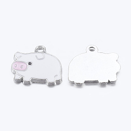 Honeyhandy Zinc Alloy Enamel Pendants, Lead Free and Cadmium Free, Cartoon Piggy Charms, Platinum Color, Mint Cream, 19.4x18.4mm, Hole: 2mm