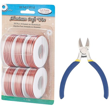 BENECREAT 6 Rolls 114 Feet Matte Aluminum Wire 12 Gauge Copper Tarnish Resistant Craft Wire with 1PC Side Cutting Pliers for Gardening Sculpting Model Making