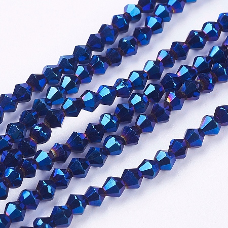 Electroplate Glass Beads Strands, Faceted, Bicone, RoyalBlue, 4x4mm, Hole: 1mm; about 104pcs/strand