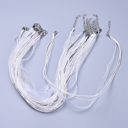 Honeyhandy Jewelry Making Necklace Cord, Organza Ribbon & Waxed Cotton Cord & Platinum Color Iron Clasp, White, 430x6mm