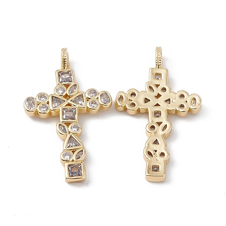 Honeyhandy Brass Clear Cubic Zirconia Pendants, Cross Charms, Real 18K Gold Plated, 33x19x2.5mm, Hole: 3.5x2mm