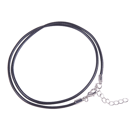 PandaHall Elite 0.06inch 2mm Black Waxed Cotton Beading Cord with Zinc Alloy Lobster Claw Clasps for Necklace Making