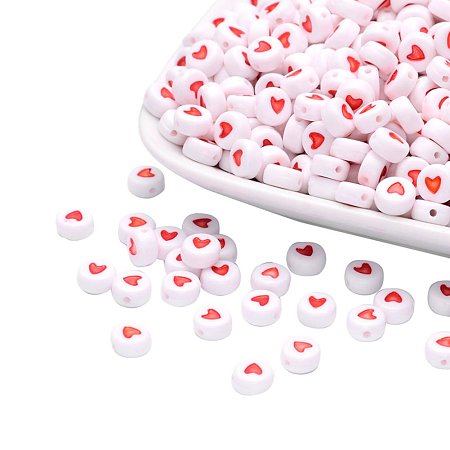 NBEADS Flat Round Acrylic Beads about 3600pcs/500g White with Coral Heart