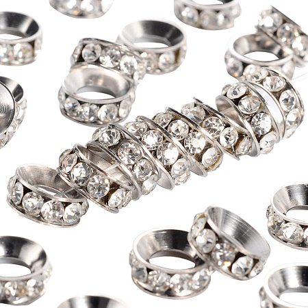 Pandahall Elite 100pcs 10mm Crystal Rhinestone Spacer Beads Platinum Plated Brass Rondelle Spacer Beads for Jewelry Making