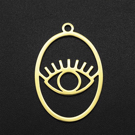Honeyhandy 201 Stainless Steel Pendants, Laser Cut, Hollow, Oval with Eye, Golden, 32x21.5x1mm, Hole: 2mm
