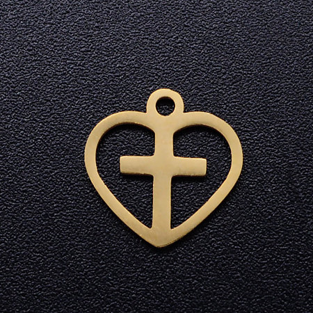 Honeyhandy 201 Stainless Steel Hollow Charms, Crosslet Heart Charms, Heart with Cross, Golden, 12x12x1mm, Hole: 1.5mm