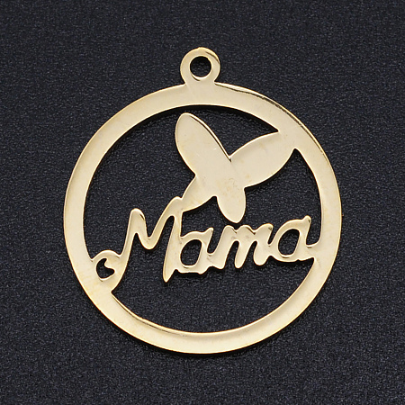 Honeyhandy Mother's Day Theme, 201 Stainless Steel Laser Cut Pendants, Ring with Butterfly & Word MaMa, Golden, 22.5x19.5x1mm, Hole: 1.4mm
