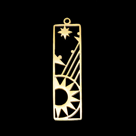 Honeyhandy Vacuum Plating 201 Stainless Steel Pendants, Laser Cut, Rectangle with Sun & Star, Golden, 41x11x1mm, Hole: 1.5mm