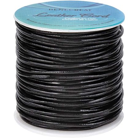 BENECREAT 30 Yards 2mm Round Genuine Leather Cord Black Leather Cord String for Bracelet Necklace Beading Jewelry Making DIY Crafts