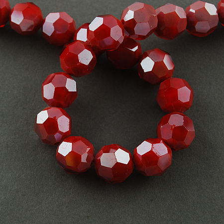 Honeyhandy Electroplate Glass Beads Strands, Pearl Luster Plated, Imitation Jade, Faceted, Round, Red, 4mm, Hole: 0.5mm, about 100pcs/strand, 14.2 inch