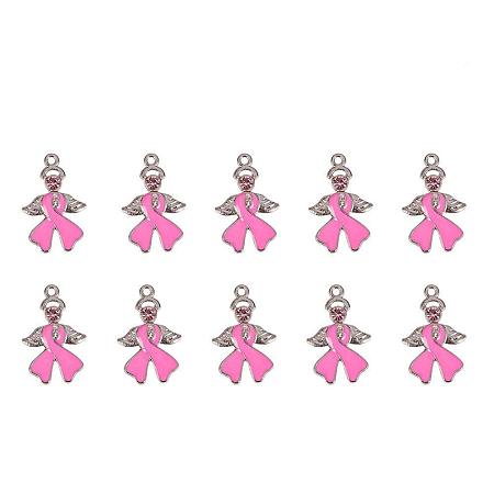 ARRICRAFT 20 Pcs Breast Cancer Awareness Ribbon with Angel Wing Alloy Rhinestone Enamel Pendants Size 23.5x15x2mm Pink