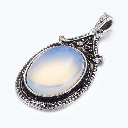 Honeyhandy Opalite Big Pendants, with Alloy Findings, Antique Silver Color, Oval, White, Size: about 29mm wide, 56mm long, 11mm thick, hole: 4mm wide, 6mm long