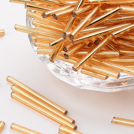 Honeyhandy Glass Bugle Beads, Seed Beads, Golden, about 3mm wide, 31~34mm long, hole: 0.4mm, about 155pcs/50g
