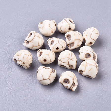 Honeyhandy Synthetic Magnesite Beads, Halloween, Skull, Dyed, Floral White, 12x10mm, Hole: 1mm