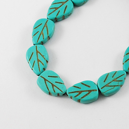 Honeyhandy Gemstone Beads Strands, Synthetical Turquoise, Leaf, Dark Turquoise, 14x10x4mm, Hole: 2mm, about 23pcs/strand