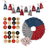 ARRICRAFT 24 Days Burlap Hanging Advent Calendars, DIY Xmas Countdown Christmas Decorations, with Stickers & Clips & Rope & 3 Colors Burlap Pouches, Mixed Color, 30.7x20cm