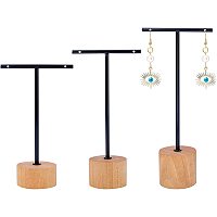 FINGERINSPIRE Black Metal 3 Pcs T Bar Earring Display Stand with Wooden Base Jewelry Holders Hanging Jewelry Organizer for Store Retail Photography Props【Black- Round Base, 5.7&4.9&3.9 Inch Height】