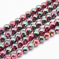 ARRICRAFT Electroplate Non-magnetic Synthetic Hematite Beads Strands, Faceted, Round, Burgundy Plated, 4mm, Hole: 1mm; about 95pcs/strand, 15 inches(38cm)