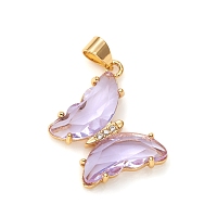 Honeyhandy Glass Pendants, with Brass Clear Micro Pave Cubic Zirconia, Butterfly, Golden, Lilac, 24x21x4mm, Hole: 5.5x3.5mm