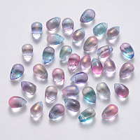 NBEADS Transparent Spray Painted Glass Charms, with Glitter Powder, Teardrop, Plum, 9x6x6mm, Hole: 1mm