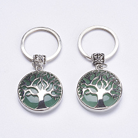 Honeyhandy Natural Green Aventurine Keychain, with Brass Finding, Flat Round with Tree of Life, 64mm