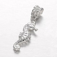 Honeyhandy Alloy European Dangle Charms, Large Hole Sea Horse Beads, Silver Color Plated, 39mm, Hole: 5mm