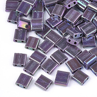 MIYUKI&reg 2-Hole Glass Seed Beads, Rainbow Plated, Square, Purple, 5x4.5~5.5x2~2.5mm, Hole: 0.5~0.8mm
