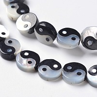 Honeyhandy Feng Shui White Shell Bead Strands, with Natural Black Agate, Flat Round, Yin Yang, Black, 8x2.5mm, Hole: 0.5mm, about 24pcs/strand, 8.1 inch
