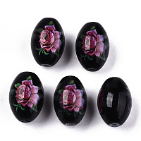 Arricraft Printed & Spray Painted Opaque Glass Beads, Oval with Floral Pattern, Black, 15x10mm, Hole: 1.6mm