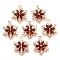 Christmas Brass Glass Pendants, Long-Lasting Plated, Snowflake, Light Gold, Red, 21x16x3mm, Hole: 1.6mm