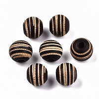 Honeyhandy Painted Natural Wood Beads, Laser Engraved Pattern, Round with Zebra-Stripe, Coconut Brown, 10x8.5mm, Hole: 2.5mm