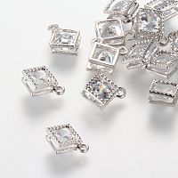 Honeyhandy Rhombus Alloy Charms, with Cubic Zirconia, Platinum, 14x11x5mm, Hole: 1.5mm