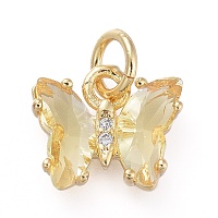Honeyhandy Brass Micro Pave Clear Cubic Zirconia Pendant, with Glass, Butterfly, Golden, Pale Goldenrod, 12.5mm
