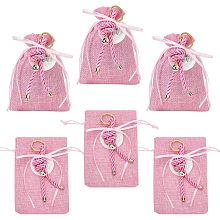 NBEADS 6 Pcs Drawstring Gift Bags, Pearl Pink Imitation Burlap Bags Polyester Jewelry Pouch with Twisted Nylon Thread, Evil Eye Beads and Thank You Card for Party Wedding Favors Bags, 5.51×3.74 Inch