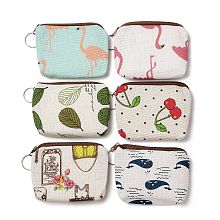 Honeyhandy Flamingo/Cherry/Leaf Pattern Cotton Cloth Wallets, Change Purse, with Zipper & Iron Key Ring, Mixed Color, 8.7~8.9x11.1~11.6x1.2~1.3cm