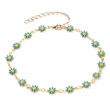 Honeyhandy Golden Brass Flower Enamel Links Anklets, with Brass Curb Chains & Lobster Claw Clasps, Dark Turquoise, 9-1/2 inch(24.2cm)