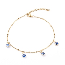 Honeyhandy Evil Eye Lampwork Charm Anklets, with 304 Stainless Steel Satellite Chains, Golden, Blue, 9-3/4 inch(24.7cm)