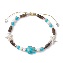 Honeyhandy Starfish & Tortoise Synthetic Turquoise Braided Bead Anklets, Nylon Cord Adjustable Bracelets, Turquoise, Inner Diameter: 2-7/8~3-7/8 inch(7.3~9.7cm)