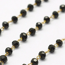 Honeyhandy Handmade Glass Beaded Chains, Soldered, with Spool, with Raw(Unplated) Brass Findings, Nickel Free, Faceted Rondelle, Black, 2.5~3mm, about 32.8 Feet(10m)/roll