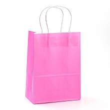 Honeyhandy Pure Color Kraft Paper Bags, Gift Bags, Shopping Bags, with Paper Twine Handles, Rectangle, Hot Pink, 21x15x8cm