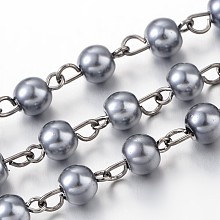 Handmade Glass Pearl Beaded Chains for Necklaces Bracelets Making, with Gunmetal Tone Brass Eye Pin, Unwelded, Dark Gray, 39.3 inches; about 90pcs/strand