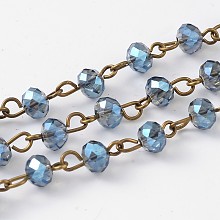 Handmade Electroplate Glass Faceted Rondelle Beads Chains for Necklaces Bracelets Making, with Antique Bronze Plated Brass Eye Pin, Unwelded, Steel Blue, 39.4 inches; about 92pcs/strand