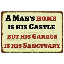 CREATCABIN A Man's Home is His Castle But His Garage is His Sanctuary Metal Tin Sign Vintage Rustic Wall Art Decor House Plaque Poster for Home Garage Decoration 12 x 8 Inch