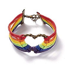 Honeyhandy Rainbow Pride Bracelet, Heart Link Wide Bracelet, Waxed Cords Bracelet for Men Women, Colorful, 9-3/8 inch(23.8cm)