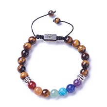 Honeyhandy Chakra Jewelry, Natural & Synthetic Mixed Stone Braided Bead Bracelets, with Natural Tiger Eye, Alloy Findings and Nylon Cord, Rectangle with Tree, 52~76mm