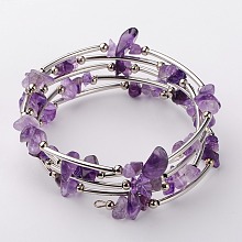 Honeyhandy Natural  Amethyst Chip Warp Bracelets, Steel Bracelet Memory Wire with Brass Tube Beads and Iron Round Beads, Platinum, 53mm