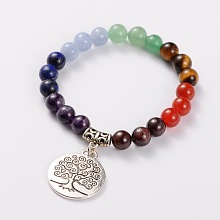 Honeyhandy Natural Gemstone Stretch Charm Bracelets, with Tibetan Style Tree of Life Pendant, Antique Silver, Colorful, 55mm