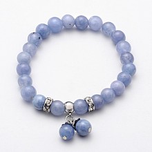 Honeyhandy Natural Quartz(Dyed) Beaded Charm Stretch Bracelets, Imitation Aquamarine, with Stainless Steel Findings, 52mm