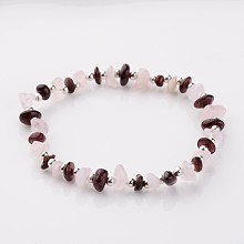 Honeyhandy Gemstone Stretch Bracelets, with Iron Findings, Silver Color Plated Natural Garnet and Rose Quartz Beads, Dark Red and Pink, 55mm